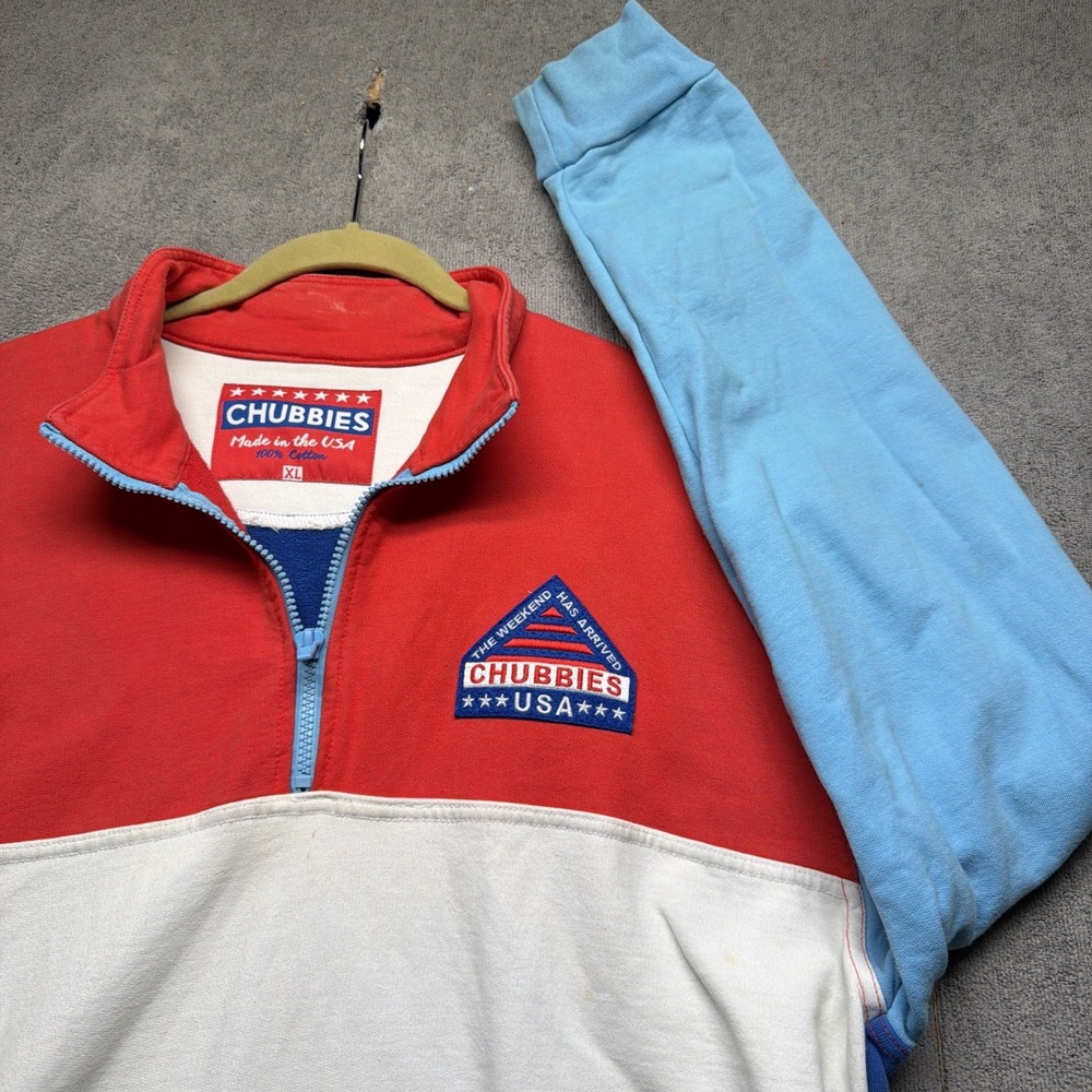 Chubbies Mens 1/4 Zip Pullover Red White Blue Striped Cotton USA Made XL